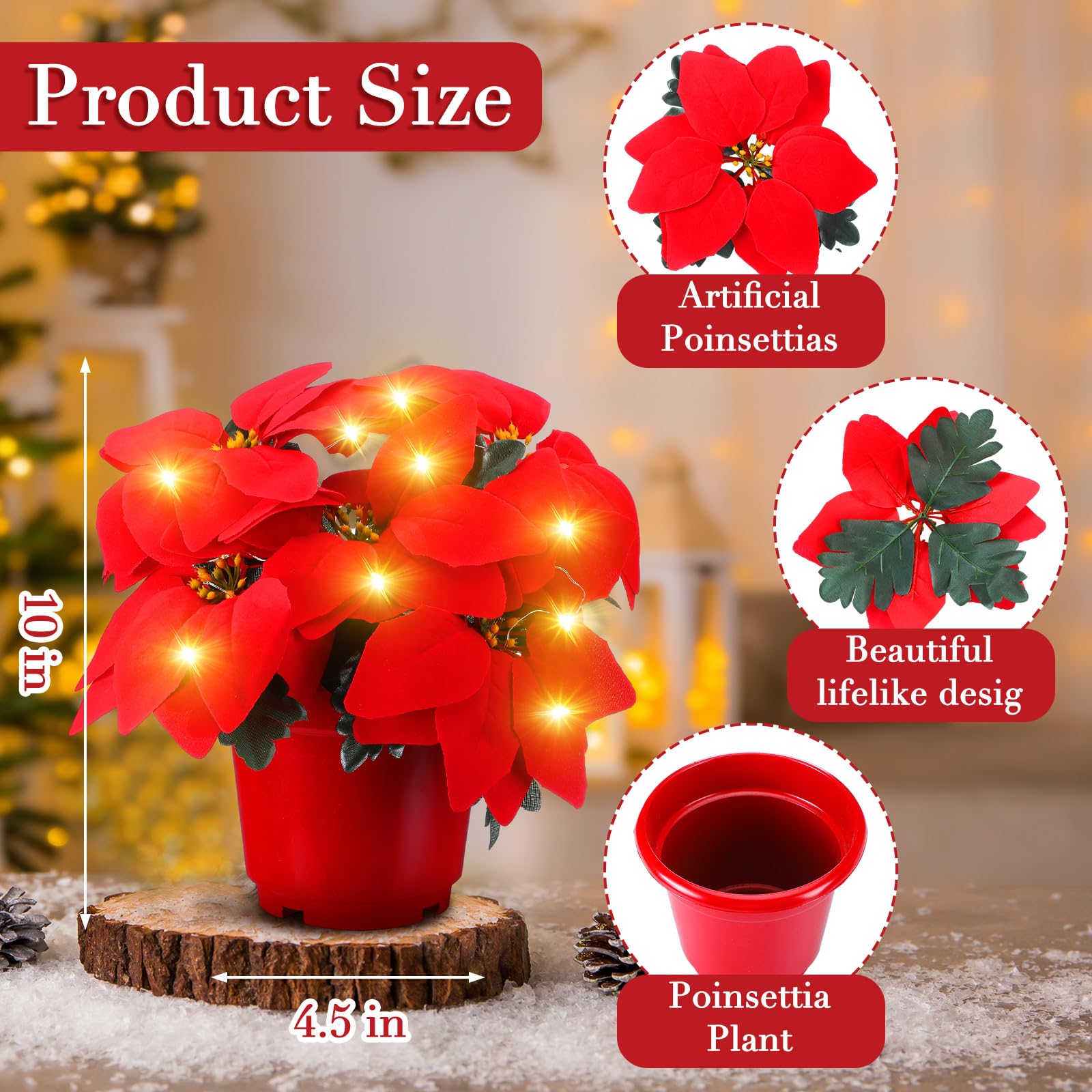 Amazon｜Zeyune クリスマスライト付きポインセチア 花 プリライト